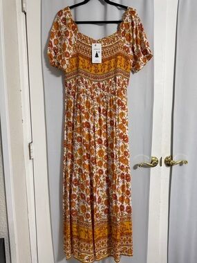 Zinnia Boho Floral Maxi Dress in Mustard and Rust